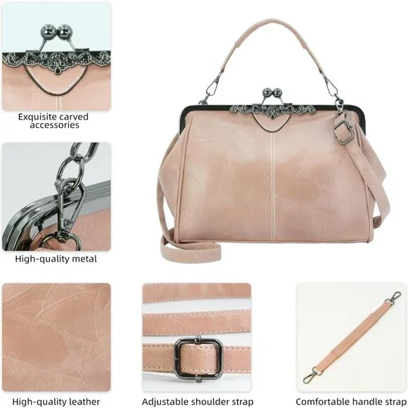 Women's Beige PinkVegan Leather Kiss Lock Satchel Evening Crossbody Clutch